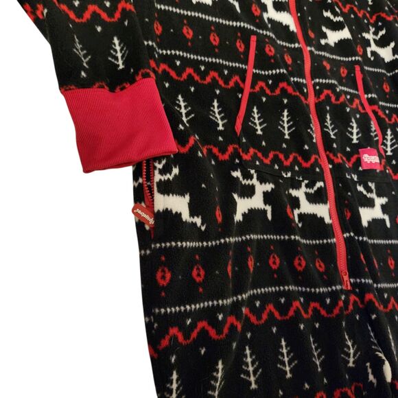 Tipsy Elves Fleece One-Piece Pajamas w/ Hood Black Reindeer Size XLarge - Picture 3 of 6